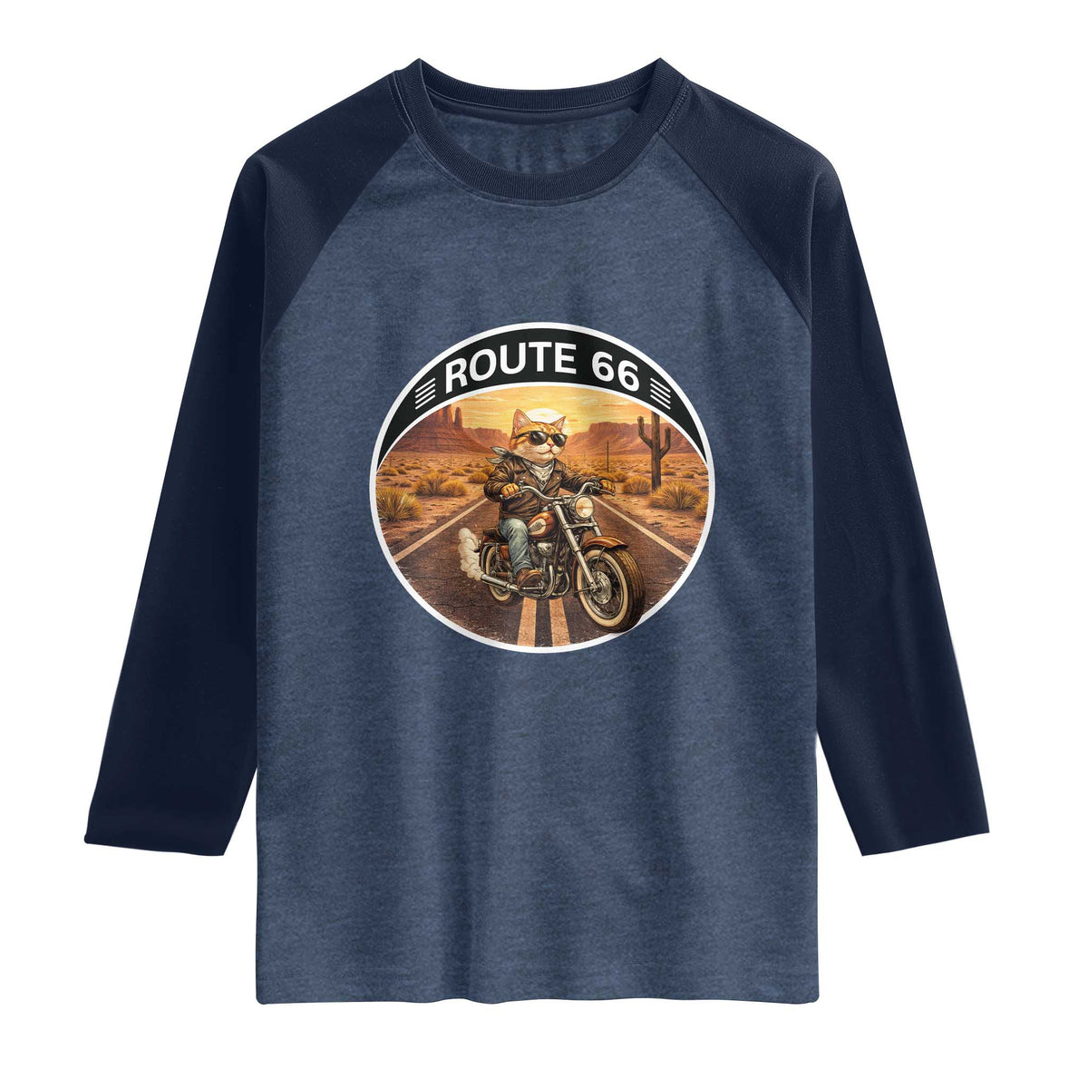 Route Highway 66 Motorcycle Cat Raglan Shirt Road Trip Adventure TS12 Heather Denim Navy Print Your Wear