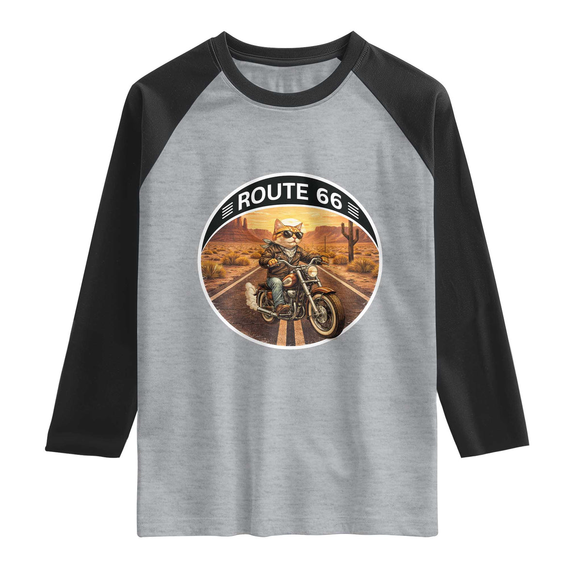 Route Highway 66 Motorcycle Cat Raglan Shirt Road Trip Adventure TS12 Heather Gray Black Print Your Wear