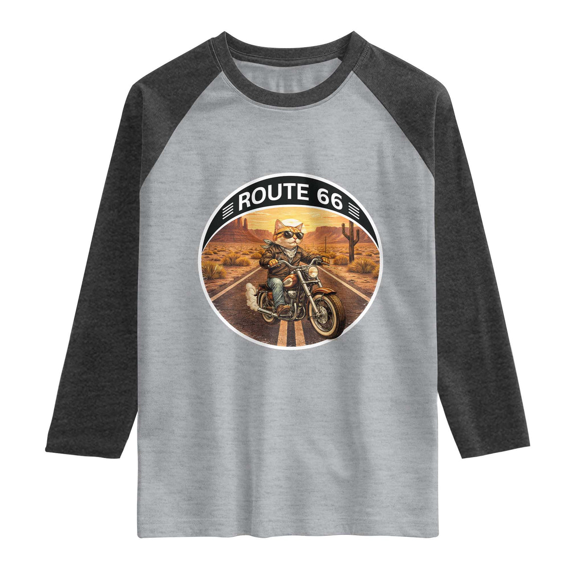 Route Highway 66 Motorcycle Cat Raglan Shirt Road Trip Adventure TS12 Heather Gray Heather Charcoal Print Your Wear