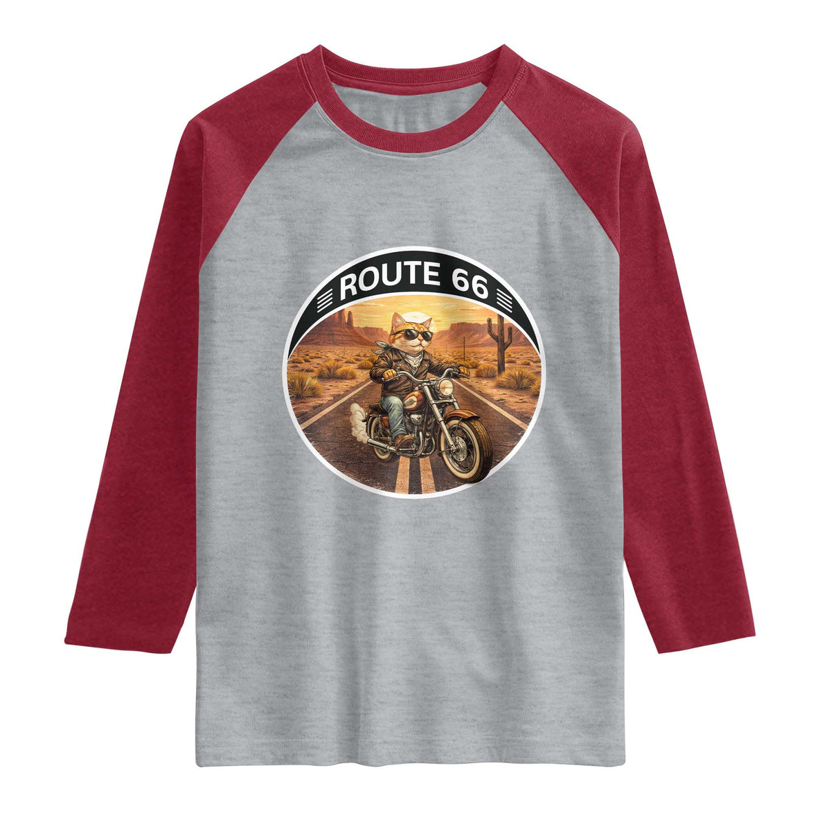 Route Highway 66 Motorcycle Cat Raglan Shirt Road Trip Adventure TS12 Heather Gray Heather Red Print Your Wear