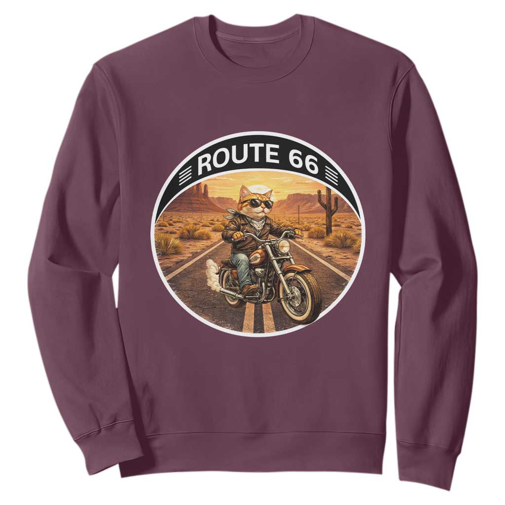 Route Highway 66 Motorcycle Cat Sweatshirt Road Trip Adventure TS12 Maroon Print Your Wear