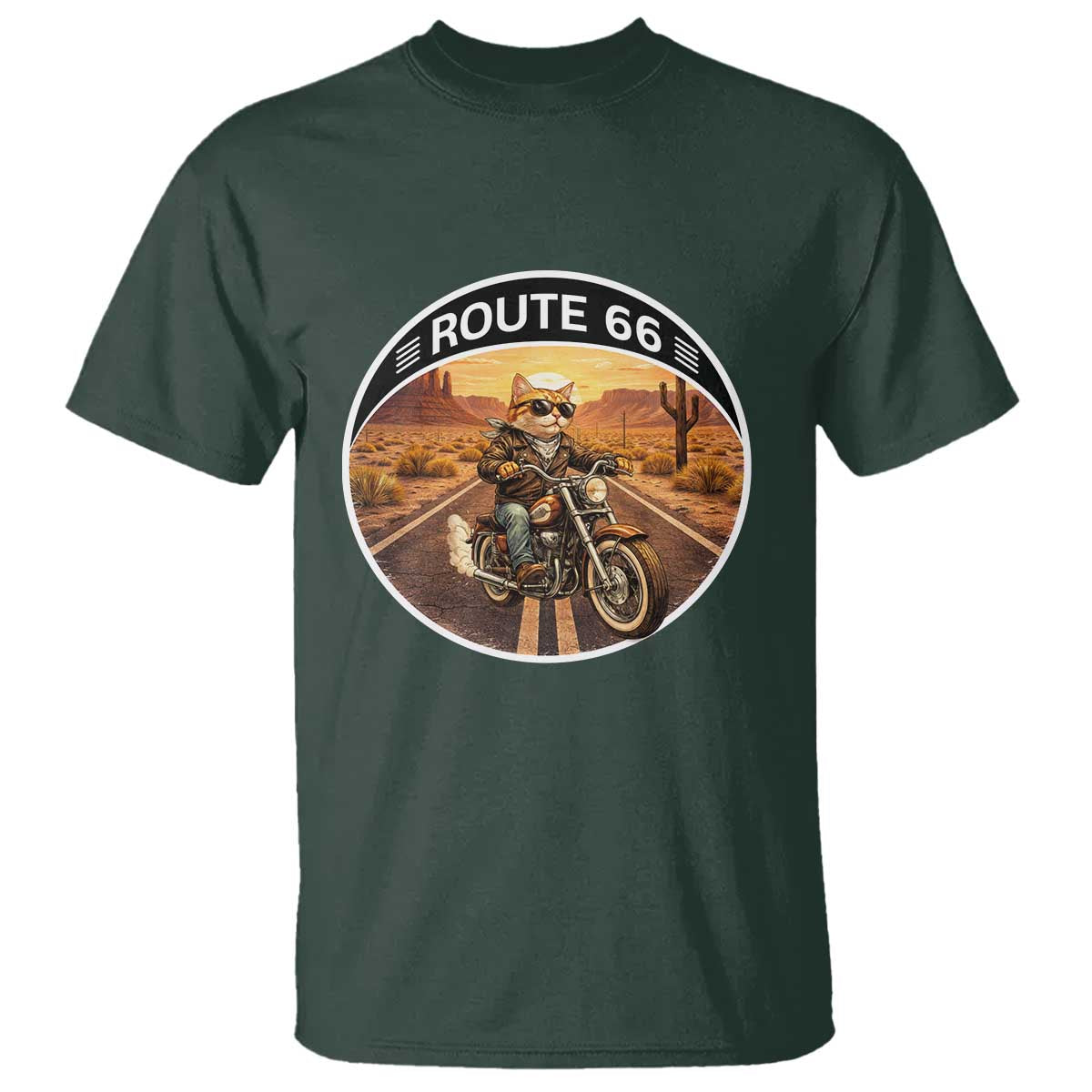 Route Highway 66 Motorcycle Cat T Shirt Road Trip Adventure TS12 Dark Forest Green Print Your Wear