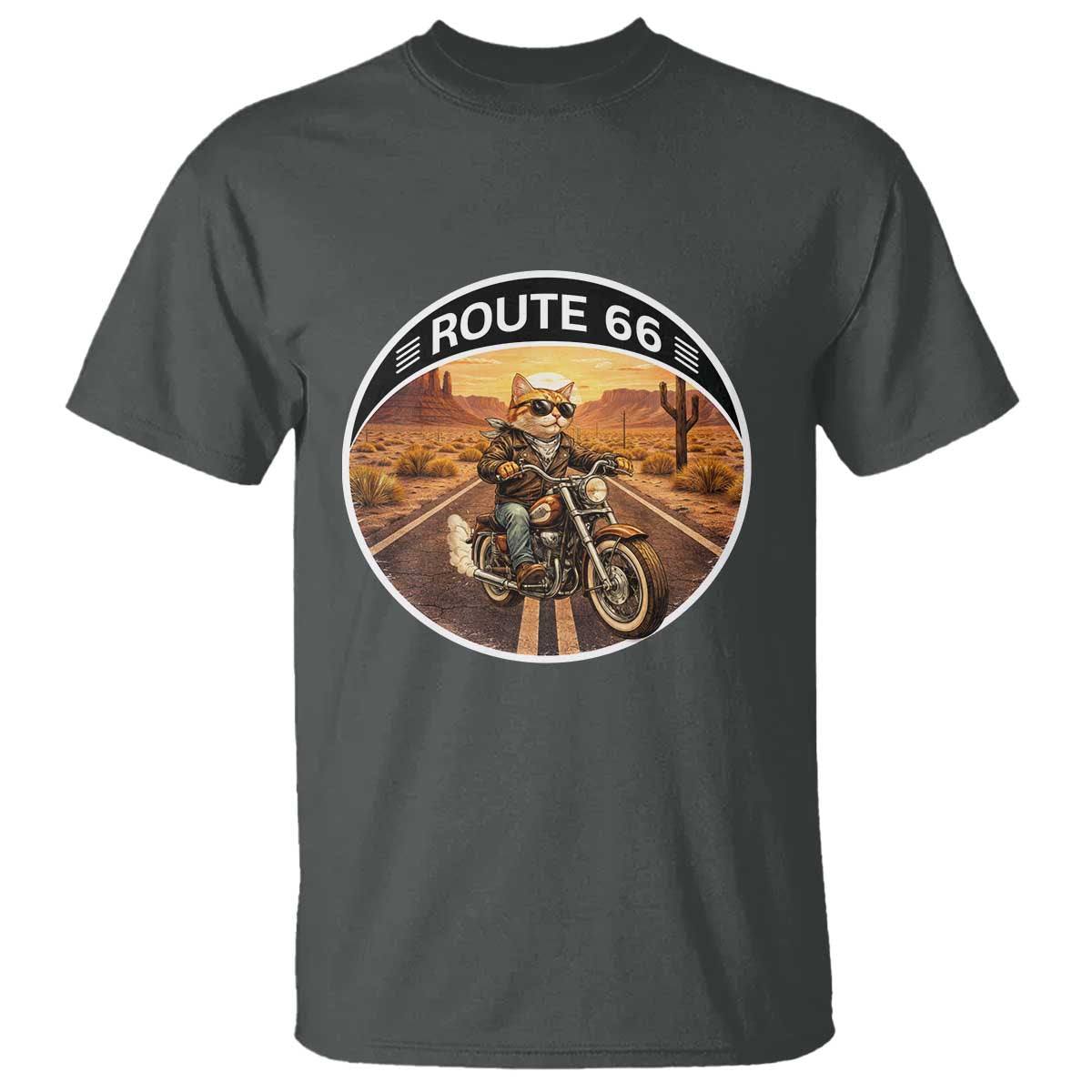 Route Highway 66 Motorcycle Cat T Shirt Road Trip Adventure TS12 Dark Heather Print Your Wear