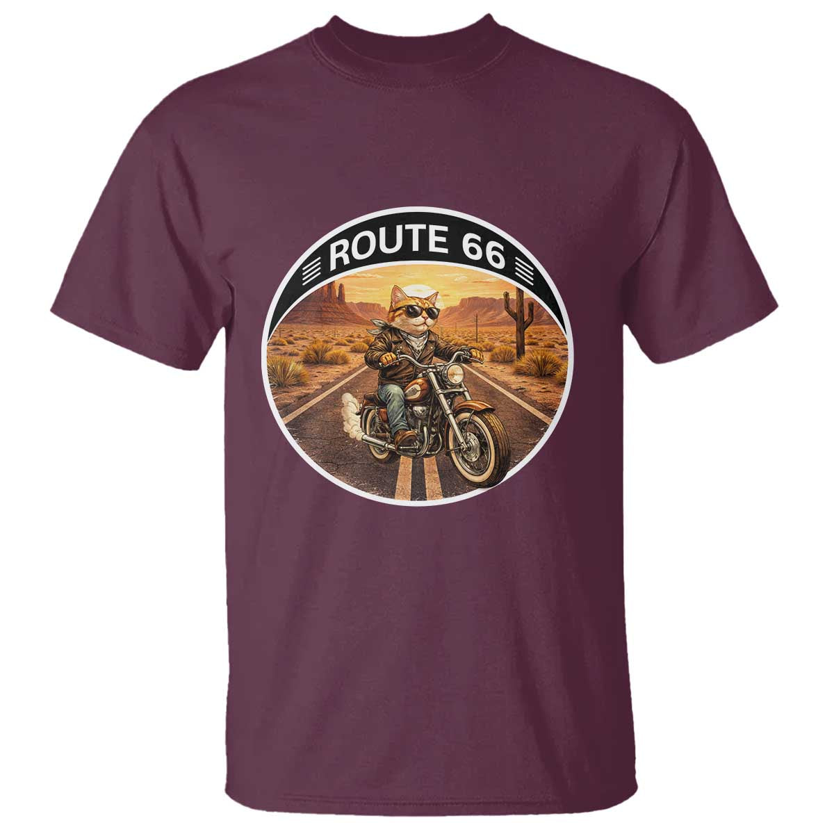 Route Highway 66 Motorcycle Cat T Shirt Road Trip Adventure TS12 Maroon Print Your Wear