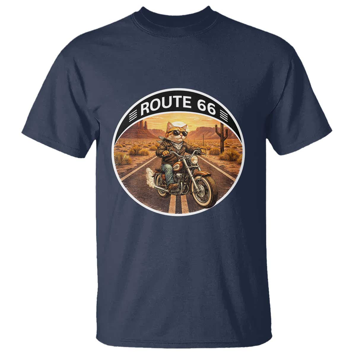 Route Highway 66 Motorcycle Cat T Shirt Road Trip Adventure TS12 Navy Print Your Wear