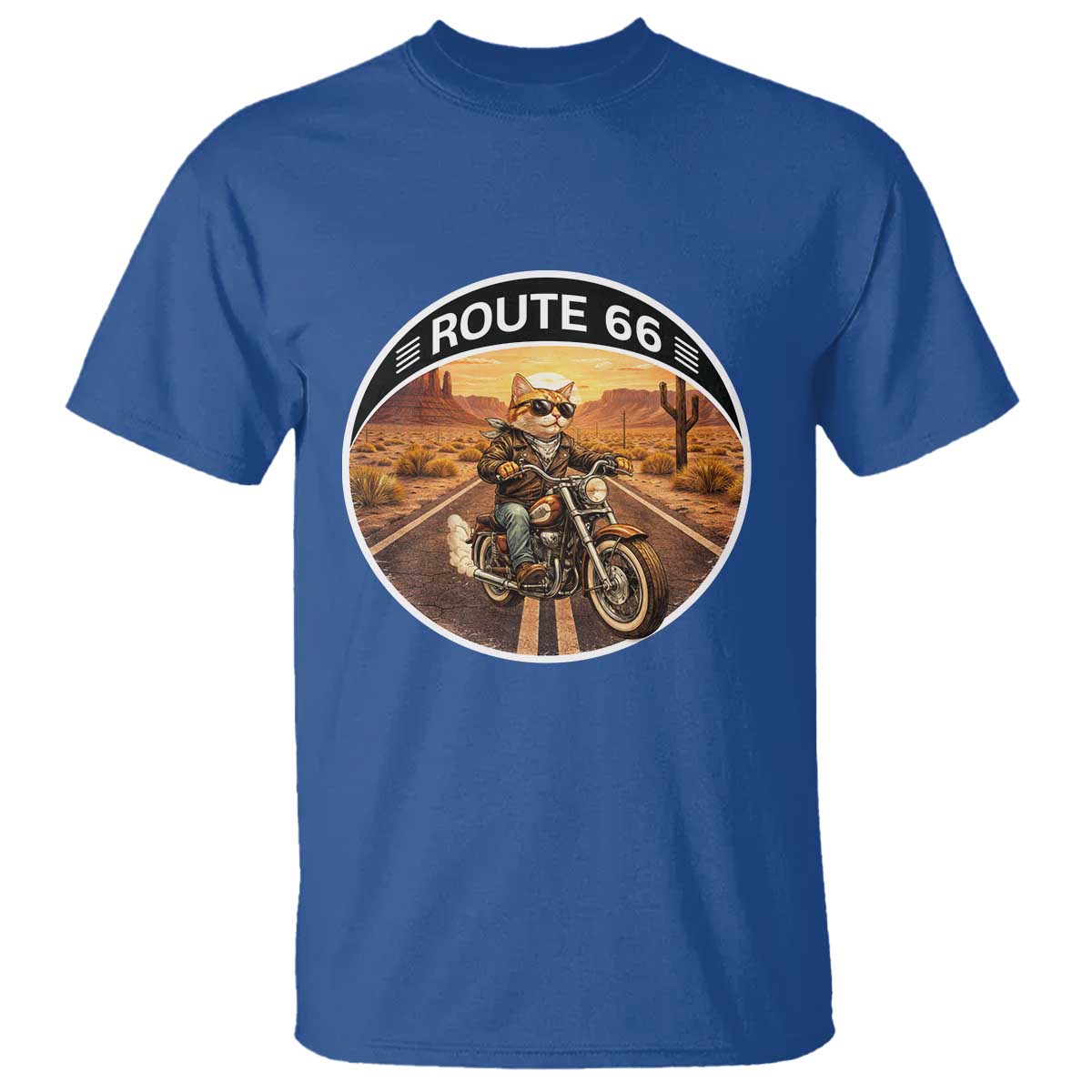 Route Highway 66 Motorcycle Cat T Shirt Road Trip Adventure TS12 Royal Blue Print Your Wear