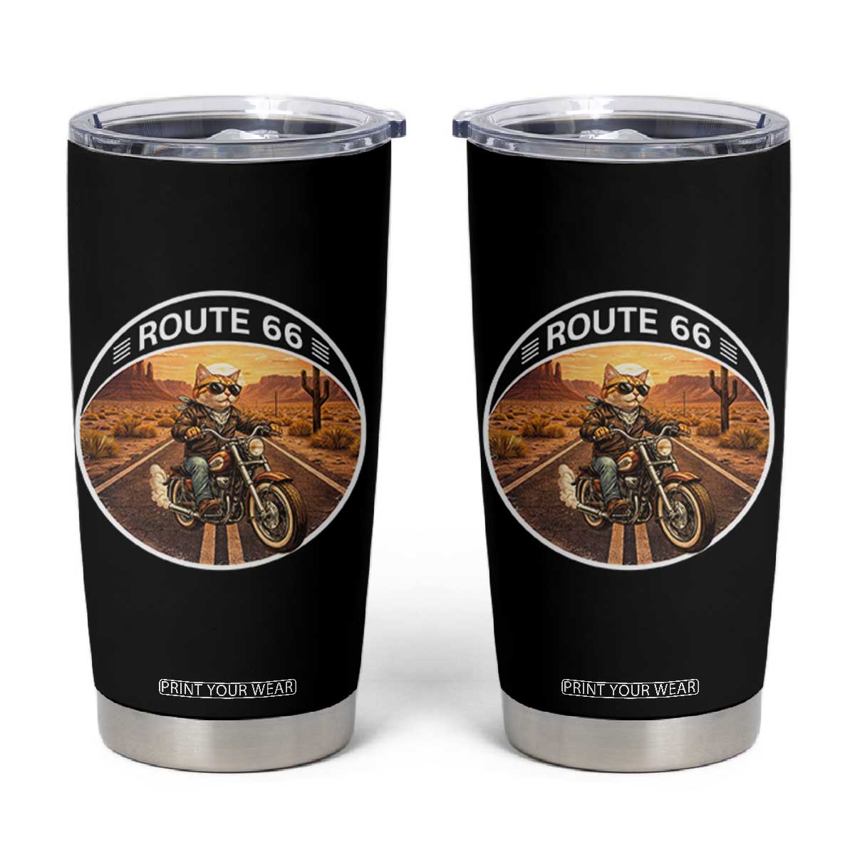 Route Highway 66 Motorcycle Cat Tumbler Cup Road Trip Adventure TS12 Black Print Your Wear