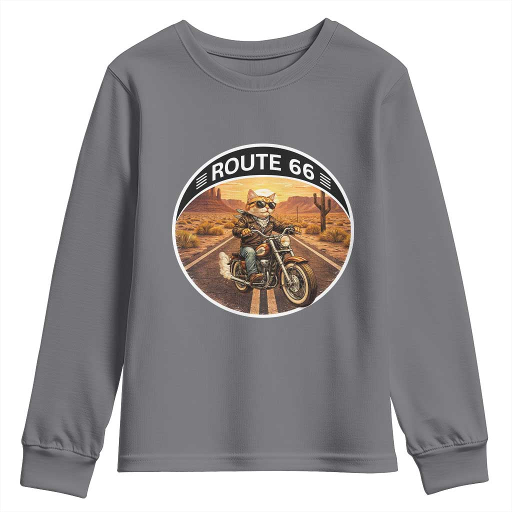 Route Highway 66 Motorcycle Cat Youth Sweatshirt Road Trip Adventure TS12 Charcoal Print Your Wear