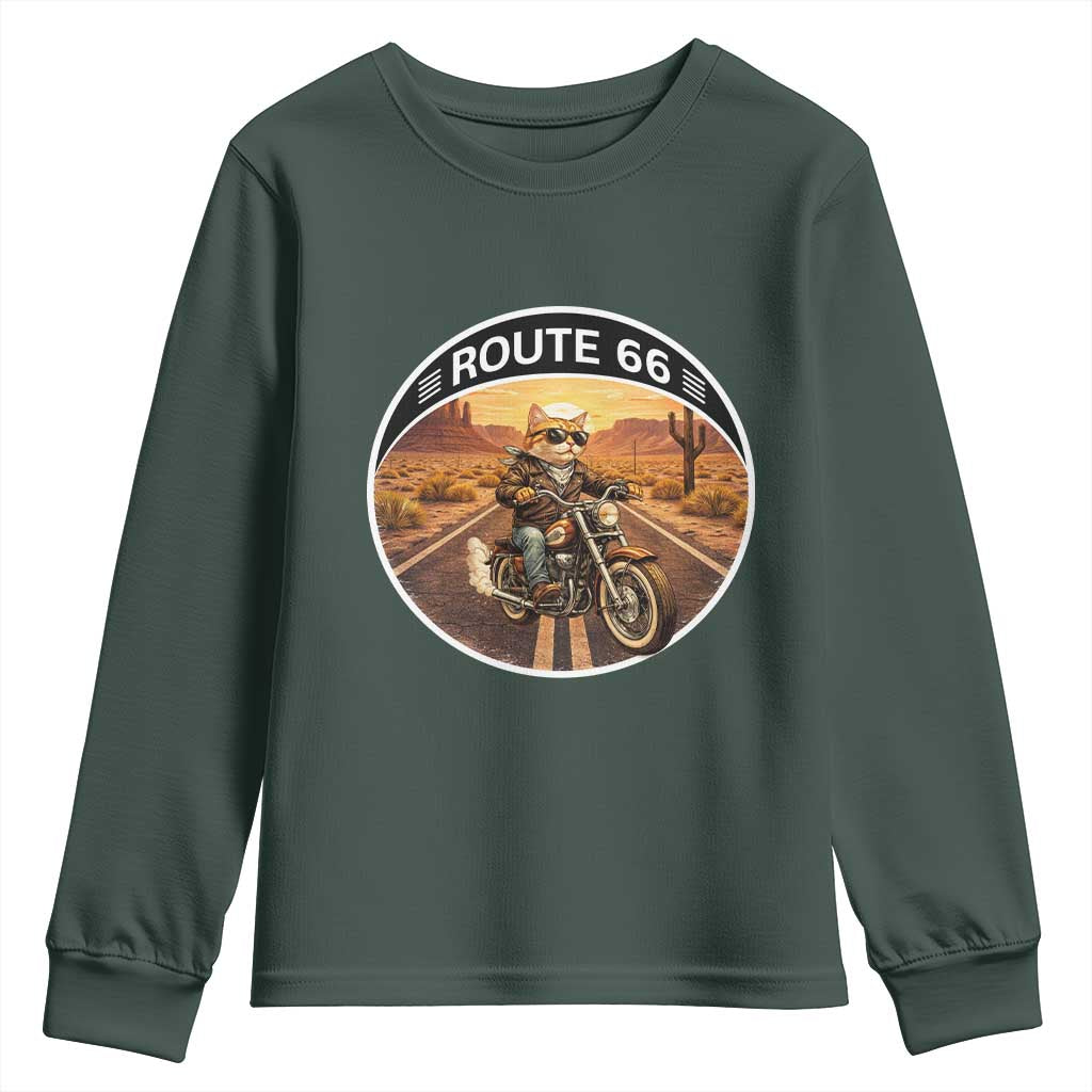 Route Highway 66 Motorcycle Cat Youth Sweatshirt Road Trip Adventure TS12 Dark Forest Green Print Your Wear