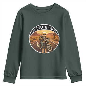 Route Highway 66 Motorcycle Cat Youth Sweatshirt Road Trip Adventure TS12 Dark Forest Green Print Your Wear