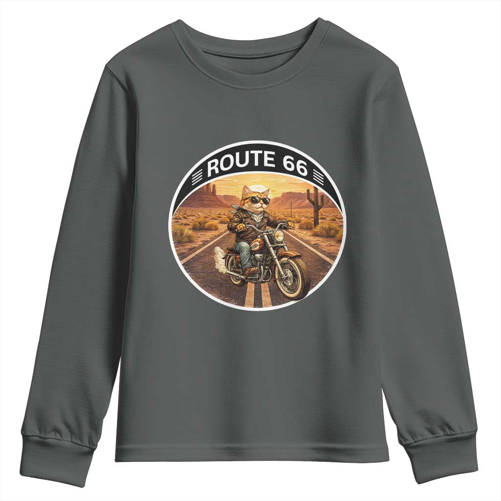 Route Highway 66 Motorcycle Cat Youth Sweatshirt Road Trip Adventure TS12 Dark Heather Print Your Wear