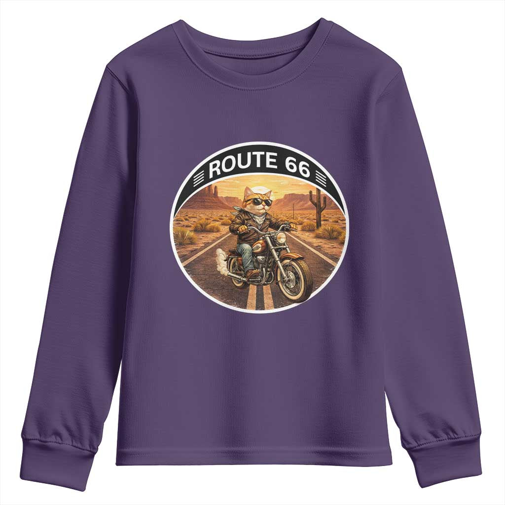 Route Highway 66 Motorcycle Cat Youth Sweatshirt Road Trip Adventure TS12 Purple Print Your Wear