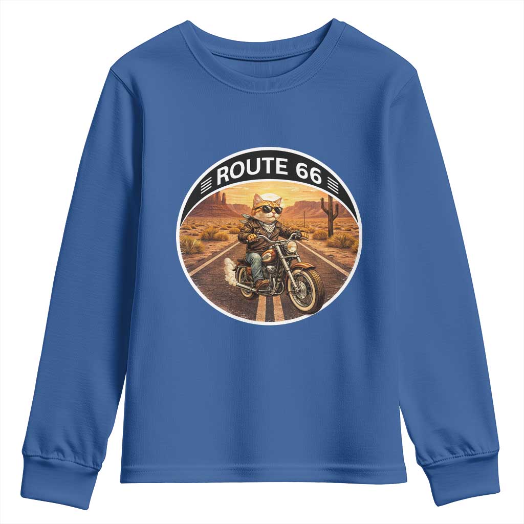 Route Highway 66 Motorcycle Cat Youth Sweatshirt Road Trip Adventure TS12 Royal Blue Print Your Wear