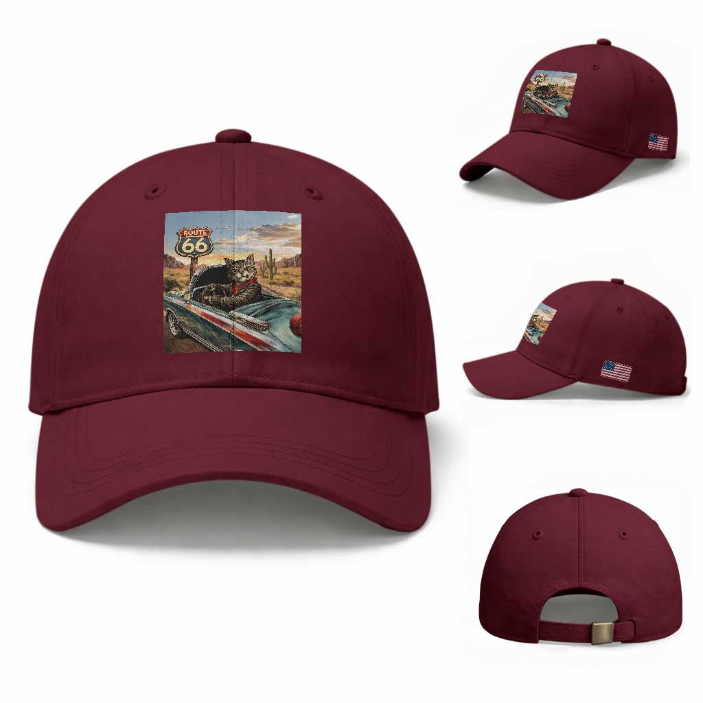 Funny Route Highway 66 Cat Lover Baseball Cap Mother Road Travel Gift TS12 Baseball Cap Universal Fit Maroon Print Your Wear