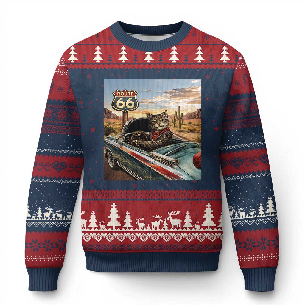 Funny Route Highway 66 Cat Lover Ugly Christmas Sweater Mother Road Travel Gift TS12 Navy Red Print Your Wear