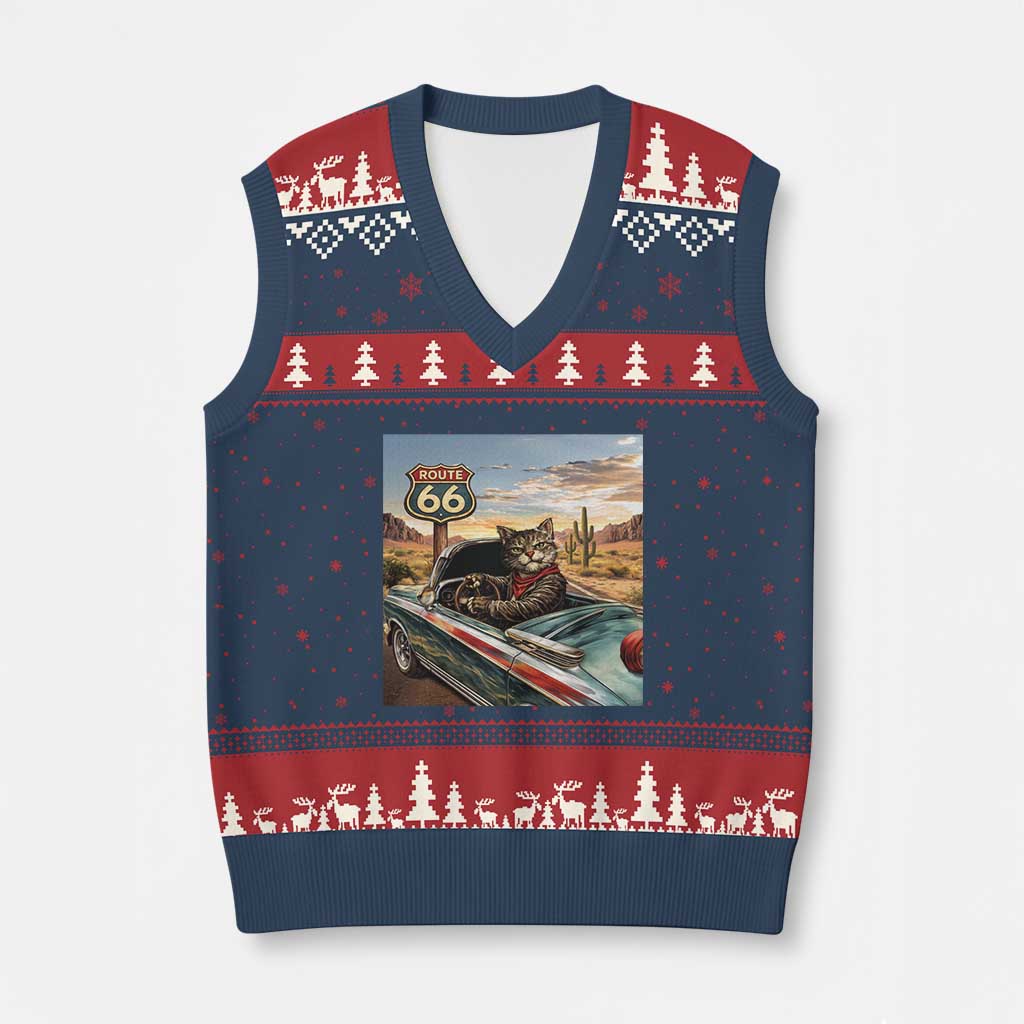 Funny Route Highway 66 Cat Lover V-Neck Knit Sweater Vest Mother Road Travel Gift TS12 Navy Red Print Your Wear