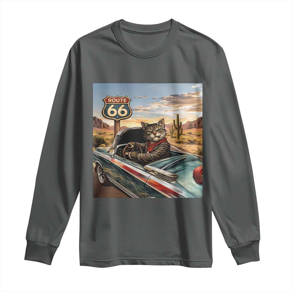 Funny Route Highway 66 Cat Lover Long Sleeve Shirt Mother Road Travel Gift TS12 Dark Heather Print Your Wear