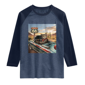 Funny Route Highway 66 Cat Lover Raglan Shirt Mother Road Travel Gift TS12 Heather Denim Navy Print Your Wear