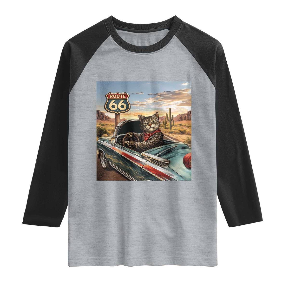Funny Route Highway 66 Cat Lover Raglan Shirt Mother Road Travel Gift TS12 Heather Gray Black Print Your Wear