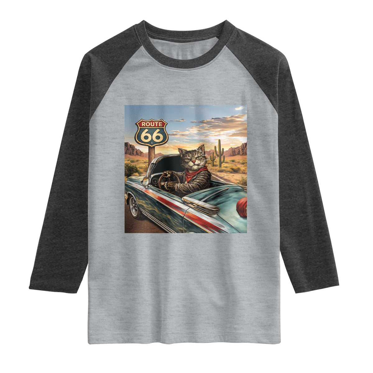 Funny Route Highway 66 Cat Lover Raglan Shirt Mother Road Travel Gift TS12 Heather Gray Heather Charcoal Print Your Wear