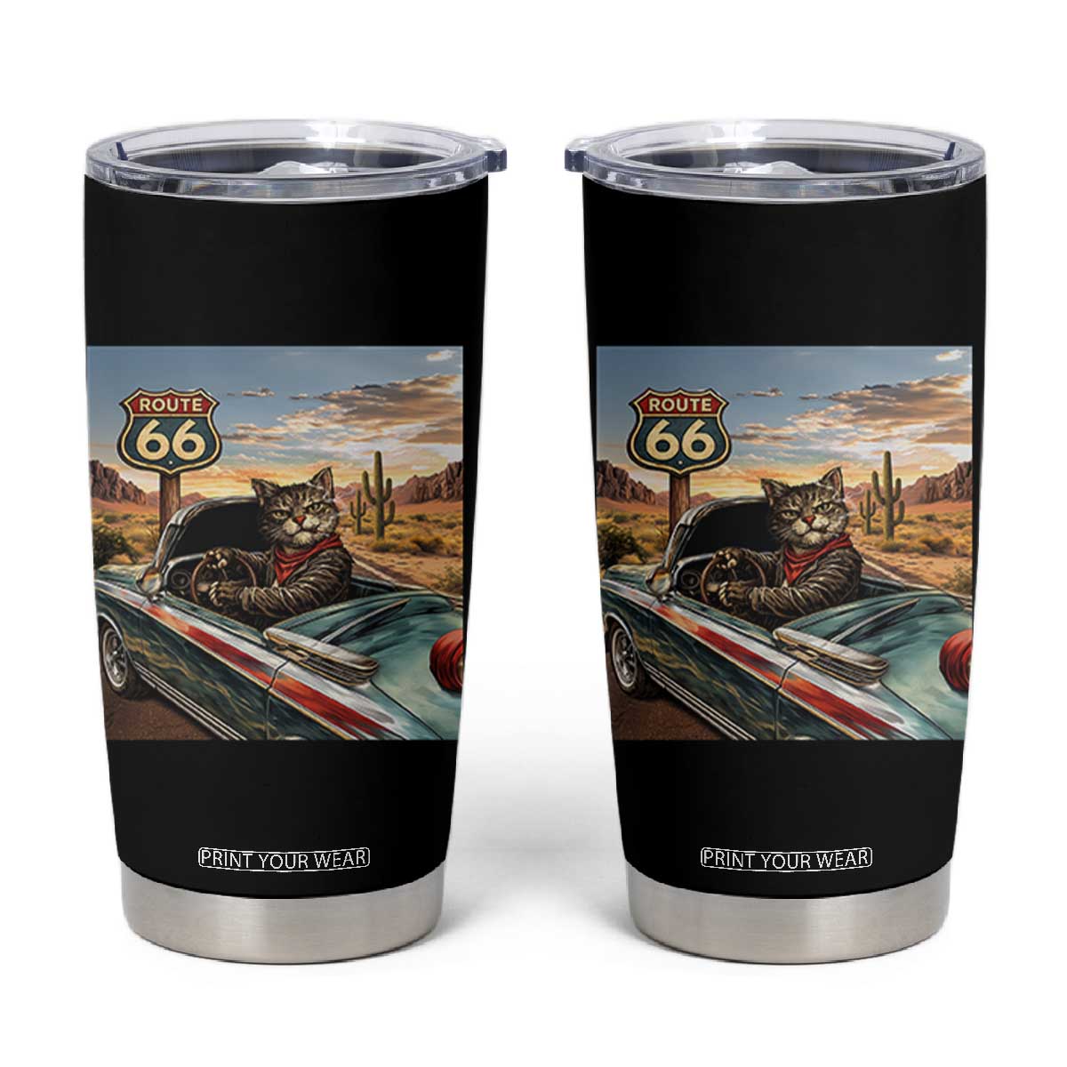 Funny Route Highway 66 Cat Lover Tumbler Cup Mother Road Travel Gift TS12 Black Print Your Wear