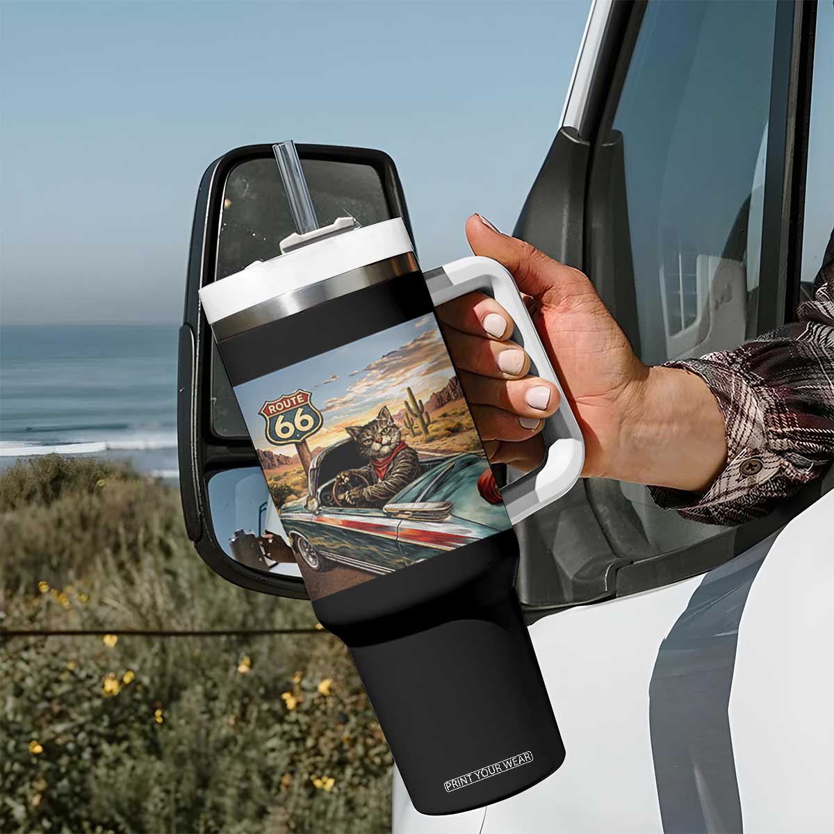 Funny Route Highway 66 Cat Lover Tumbler With Handle Mother Road Travel Gift TS12 Print Your Wear
