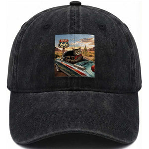 Funny Route Highway 66 Cat Lover Washed Cotton Baseball Cap Mother Road Travel Gift TS12 Print Your Wear