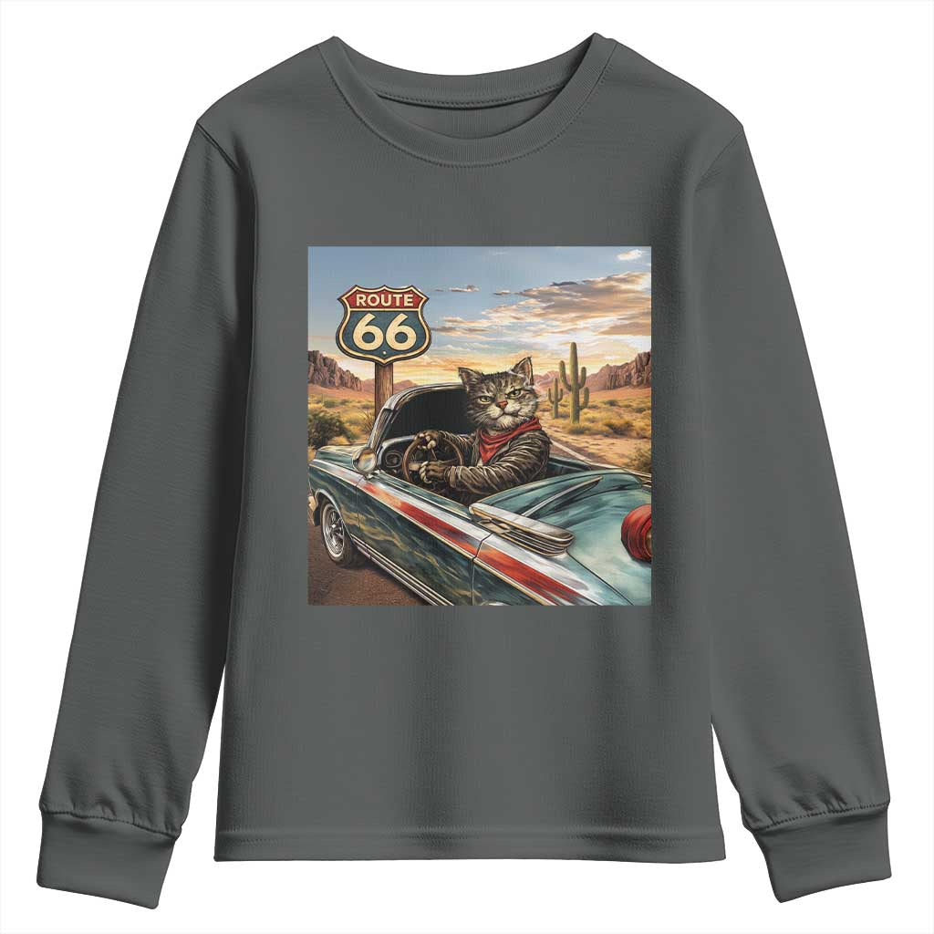 Funny Route Highway 66 Cat Lover Youth Sweatshirt Mother Road Travel Gift TS12 Dark Heather Print Your Wear