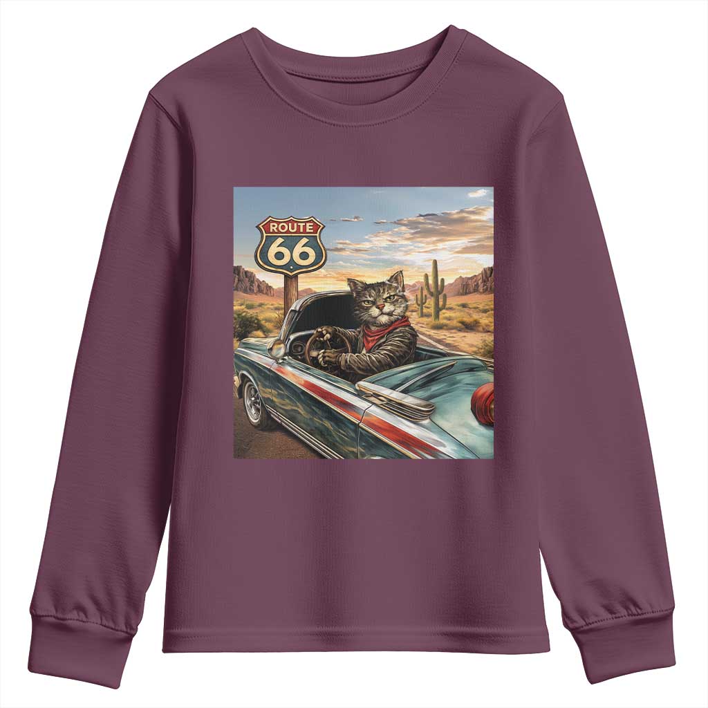 Funny Route Highway 66 Cat Lover Youth Sweatshirt Mother Road Travel Gift TS12 Maroon Print Your Wear