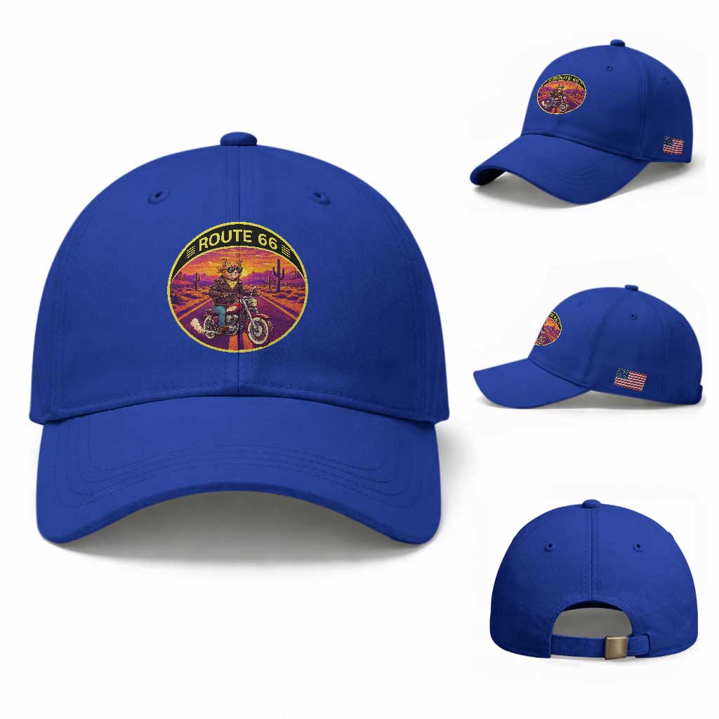 Route Highway 66 Motorcycle Cat Baseball Cap Open Road Adventure Neon TS12 Baseball Cap Universal Fit Royal Blue Print Your Wear