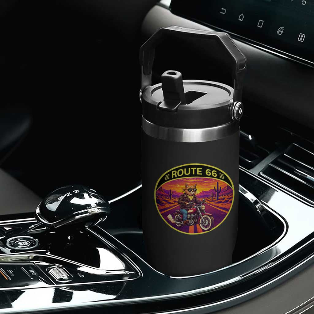 Route Highway 66 Motorcycle Cat Flip Straw Tumbler Open Road Adventure Neon TS12 Print Your Wear