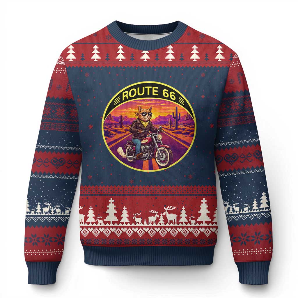 Route Highway 66 Motorcycle Cat Ugly Christmas Sweater Open Road Adventure Neon TS12 Navy Red Print Your Wear