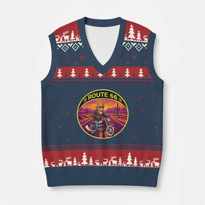 Route Highway 66 Motorcycle Cat V-Neck Knit Sweater Vest Open Road Adventure Neon TS12 Navy Red Print Your Wear