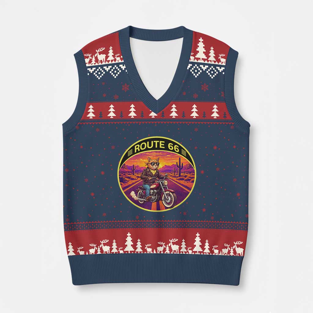 Route Highway 66 Motorcycle Cat V-Neck Knit Sweater Vest Open Road Adventure Neon TS12 Navy Red Print Your Wear