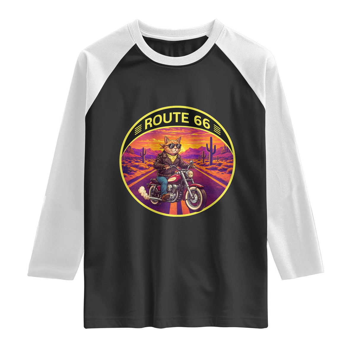 Route Highway 66 Motorcycle Cat Raglan Shirt Open Road Adventure Neon TS12 Black White Print Your Wear