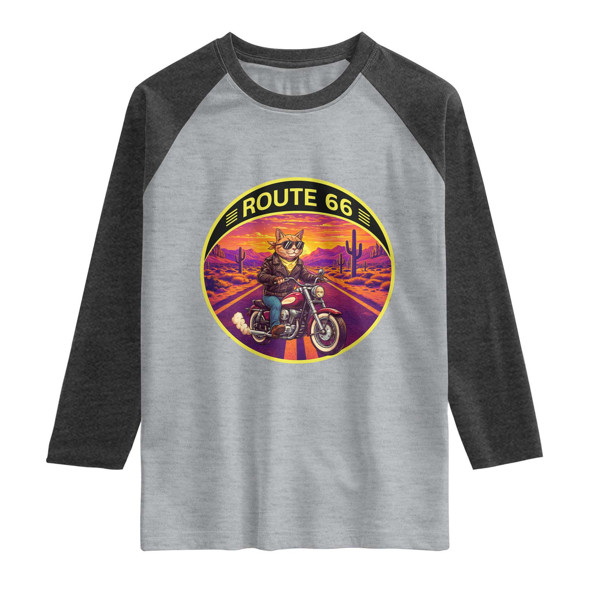 Route Highway 66 Motorcycle Cat Raglan Shirt Open Road Adventure Neon TS12 Heather Gray Heather Charcoal Print Your Wear