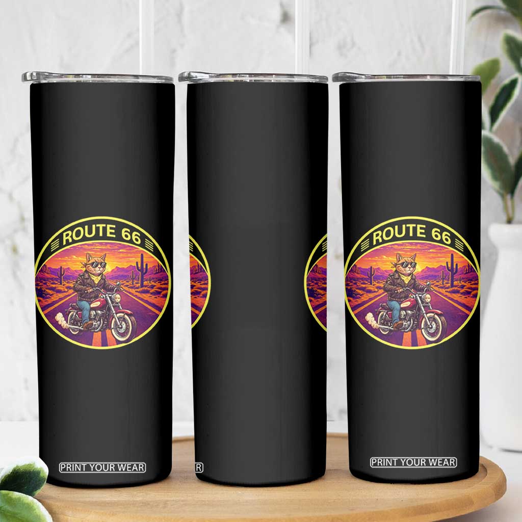 Route Highway 66 Motorcycle Cat Skinny Tumbler Open Road Adventure Neon TS12 Print Your Wear