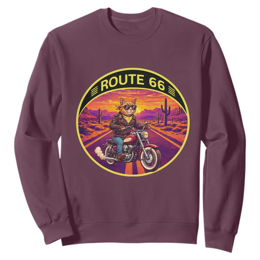 Route Highway 66 Motorcycle Cat Sweatshirt Open Road Adventure Neon TS12 Maroon Print Your Wear