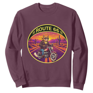 Route Highway 66 Motorcycle Cat Sweatshirt Open Road Adventure Neon TS12 Maroon Print Your Wear