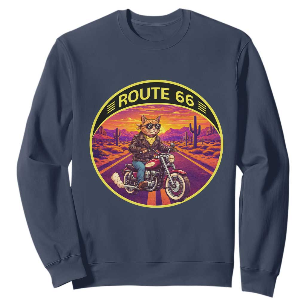 Route Highway 66 Motorcycle Cat Sweatshirt Open Road Adventure Neon TS12 Navy Print Your Wear