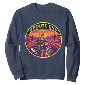 Route Highway 66 Motorcycle Cat Sweatshirt Open Road Adventure Neon TS12 Navy Print Your Wear