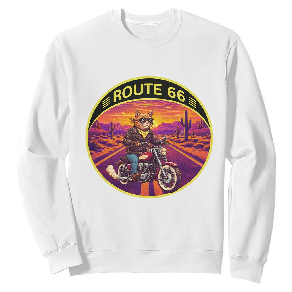 Route Highway 66 Motorcycle Cat Sweatshirt Open Road Adventure Neon TS12 White Print Your Wear
