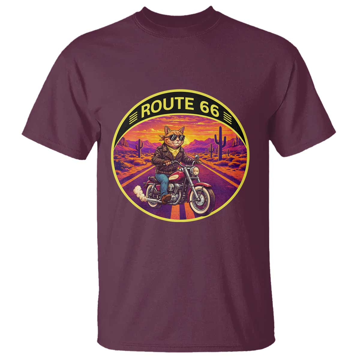 Route Highway 66 Motorcycle Cat T Shirt Open Road Adventure Neon TS12 Maroon Print Your Wear