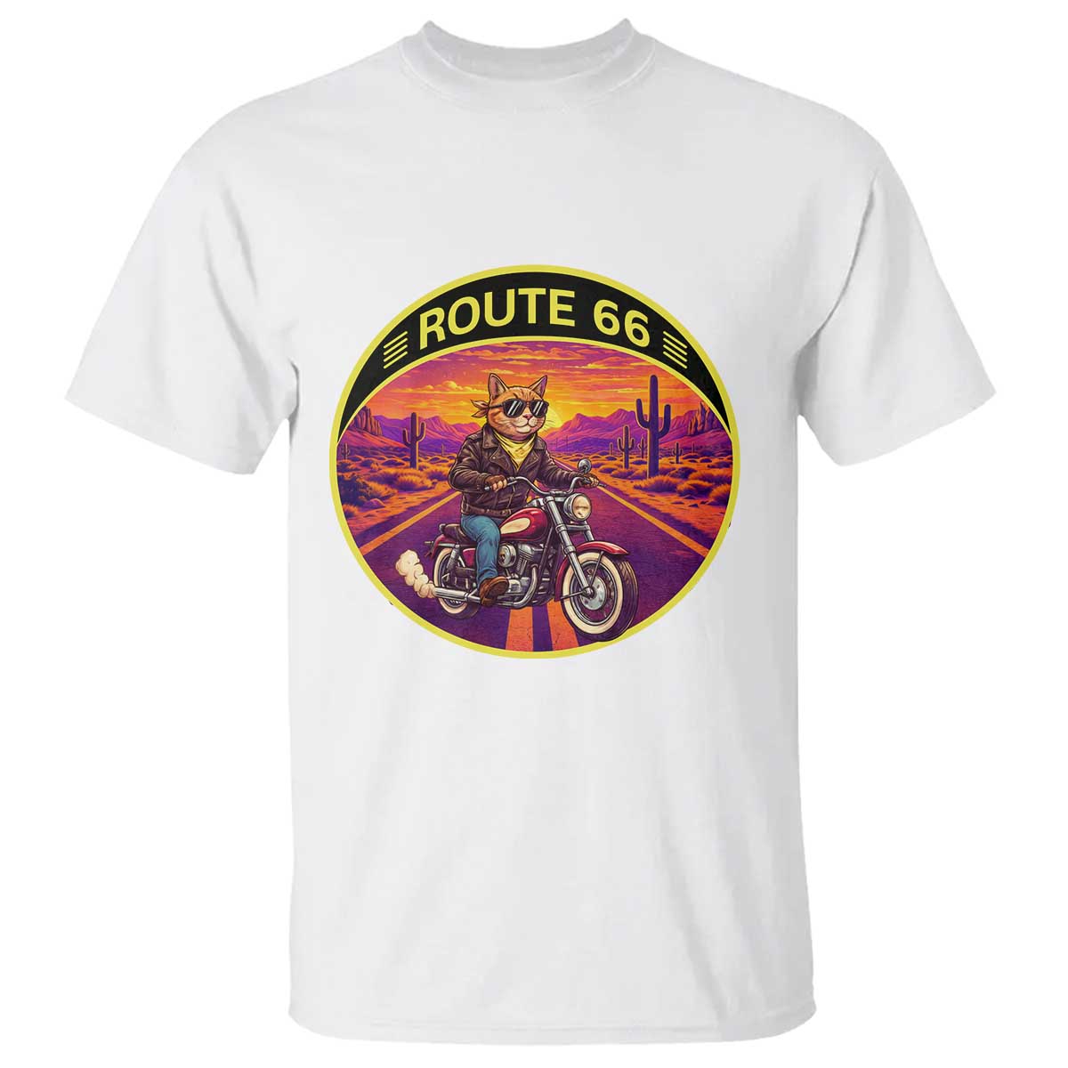 Route Highway 66 Motorcycle Cat T Shirt Open Road Adventure Neon TS12 White Print Your Wear