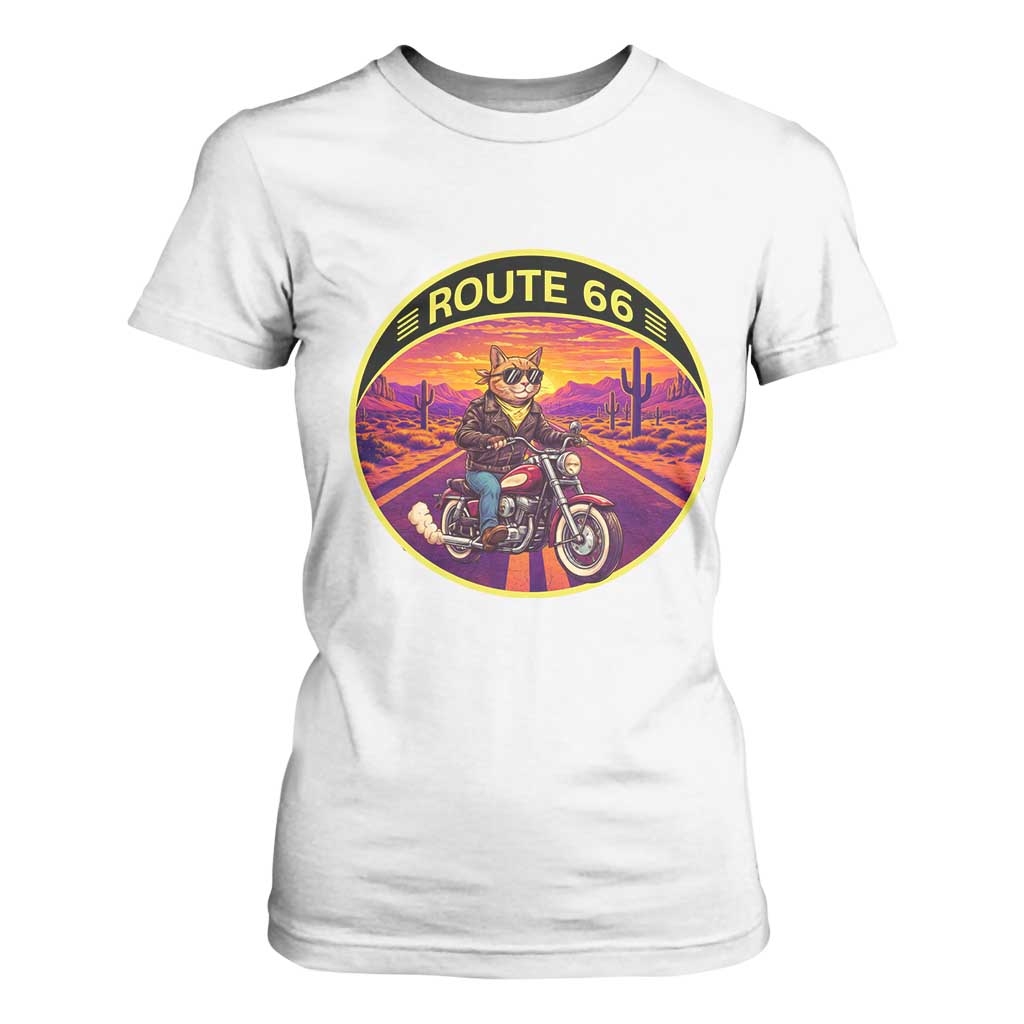 Route Highway 66 Motorcycle Cat T Shirt For Women Open Road Adventure Neon TS12 White Print Your Wear