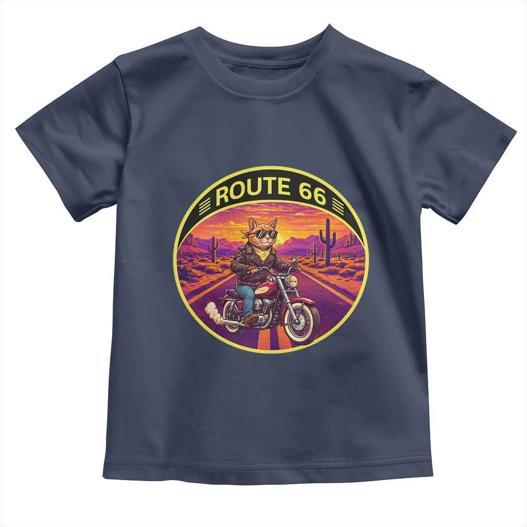 Route Highway 66 Motorcycle Cat Toddler T Shirt Open Road Adventure Neon TS12 Navy Print Your Wear