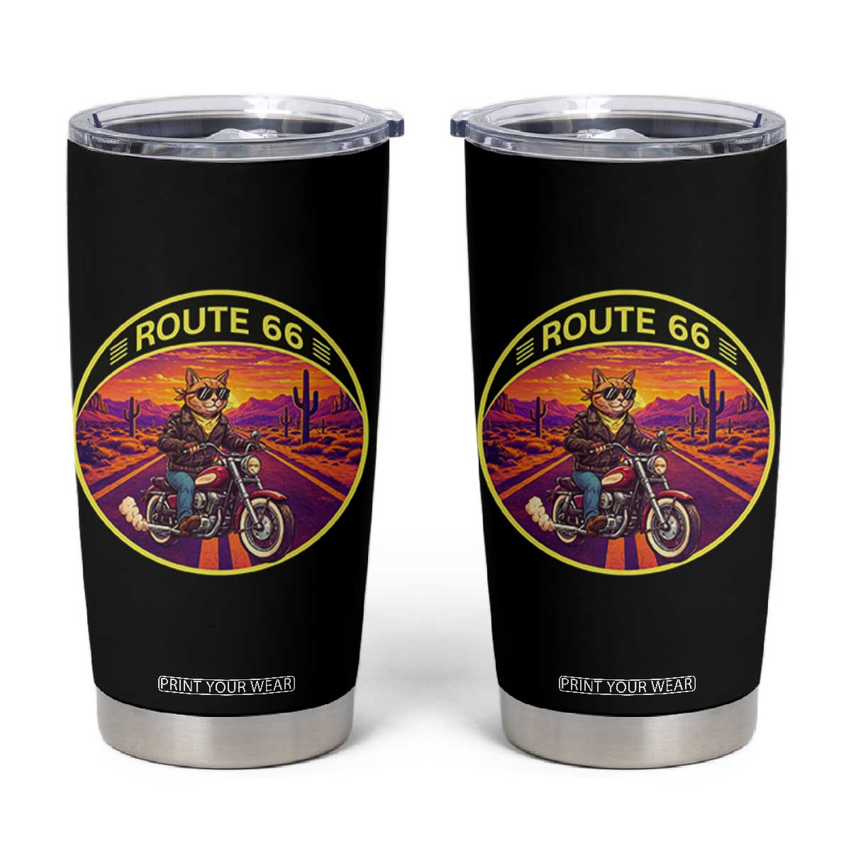 Route Highway 66 Motorcycle Cat Tumbler Cup Open Road Adventure Neon TS12 Black Print Your Wear