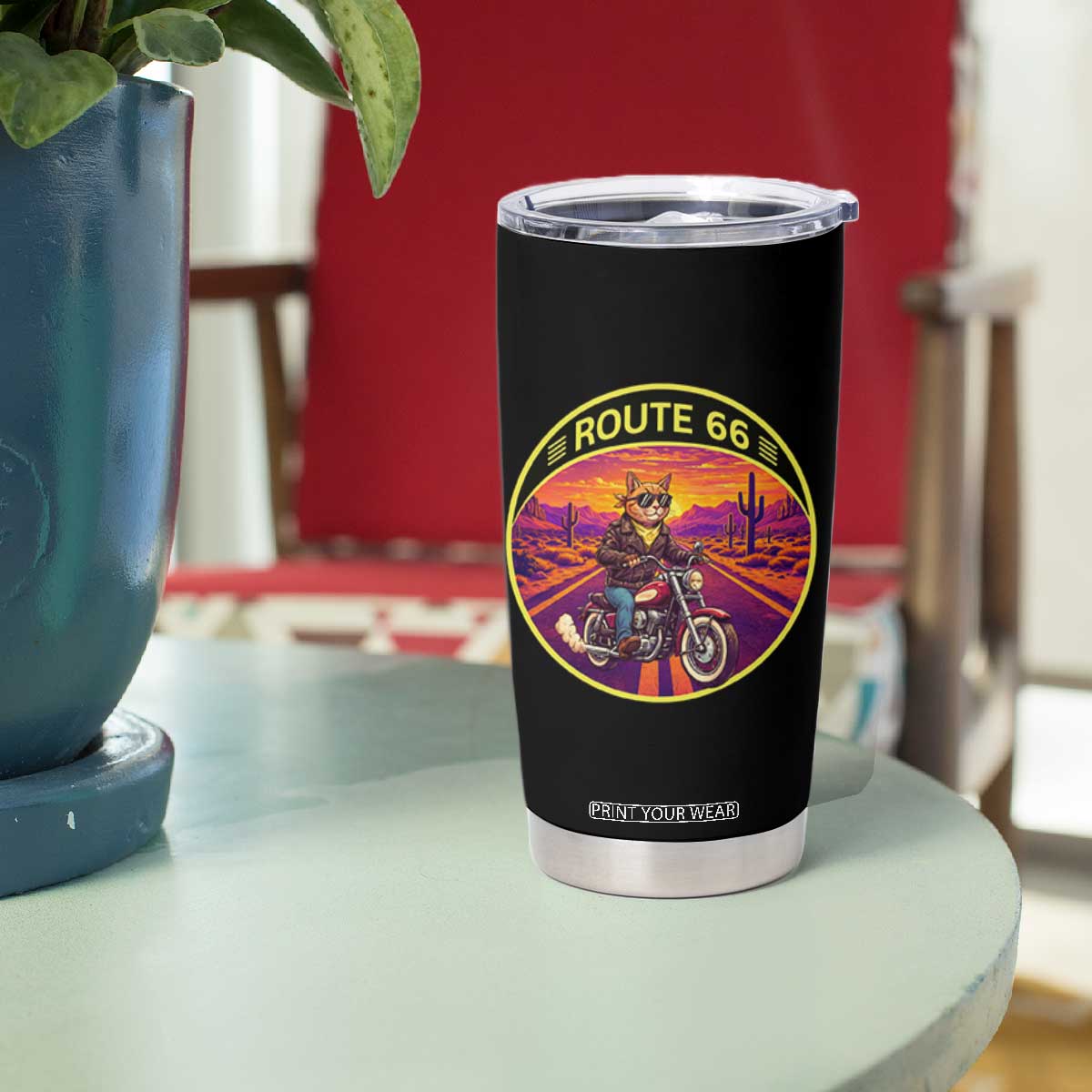 Route Highway 66 Motorcycle Cat Tumbler Cup Open Road Adventure Neon TS12 Print Your Wear