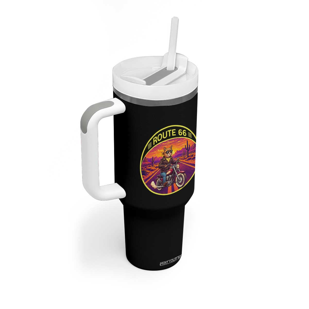Route Highway 66 Motorcycle Cat Tumbler With Handle Open Road Adventure Neon TS12 Print Your Wear