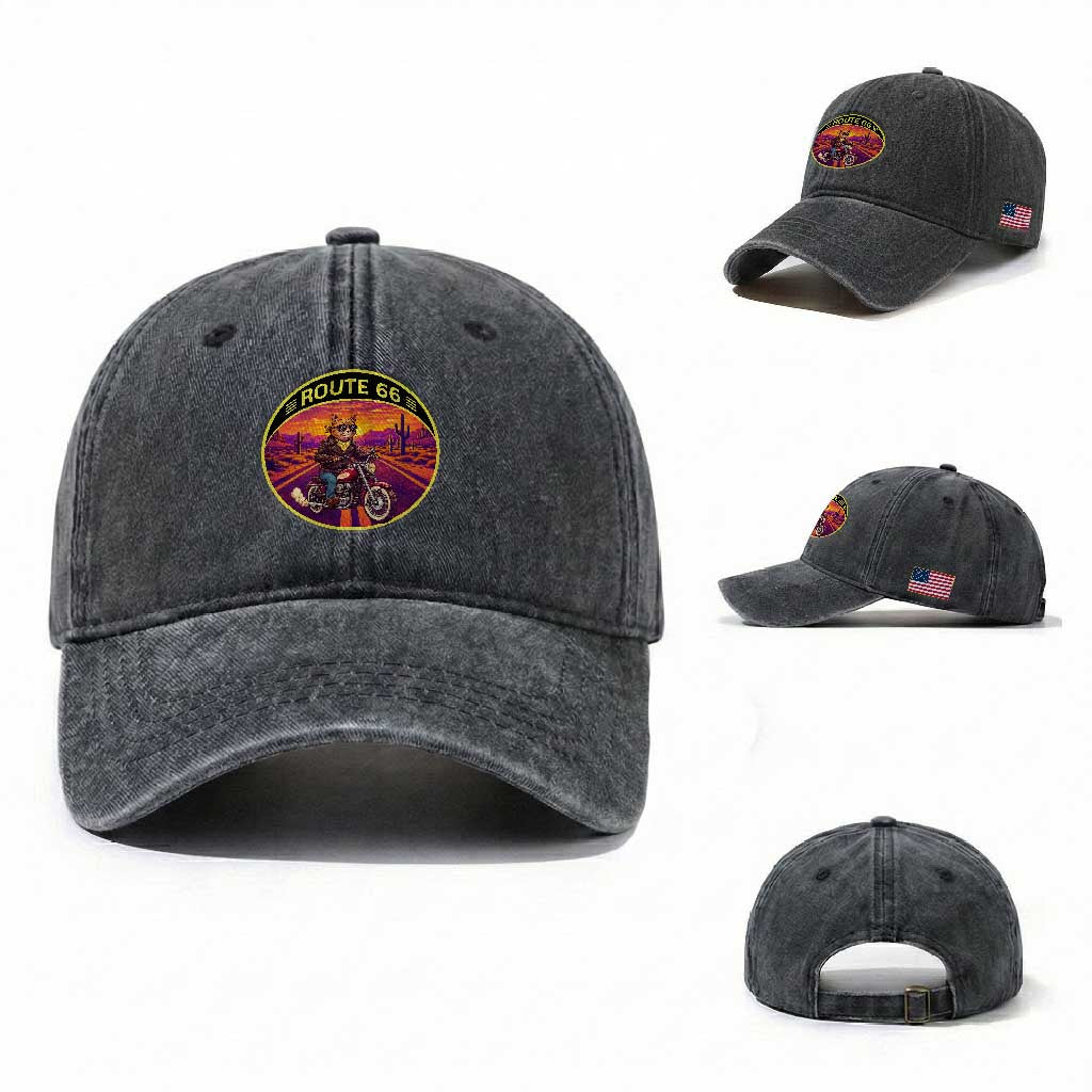 Route Highway 66 Motorcycle Cat Washed Cotton Baseball Cap Open Road Adventure Neon TS12 Washed Cap Universal Fit Dark Gray Print Your Wear